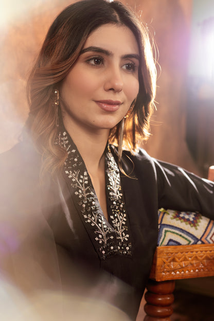 Elegant Black V Neck Embroidered Kurta Set
