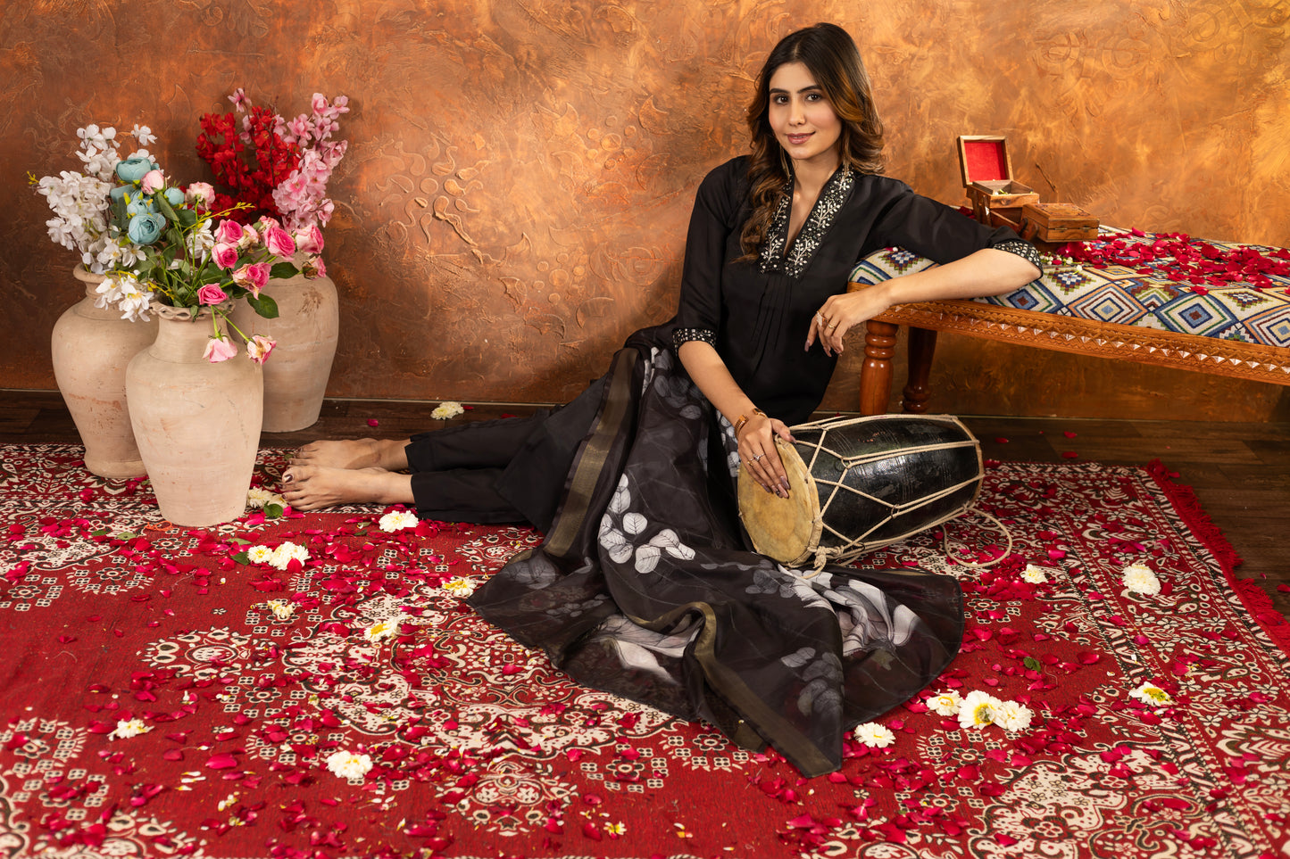 Elegant Black V Neck Embroidered Kurta Set